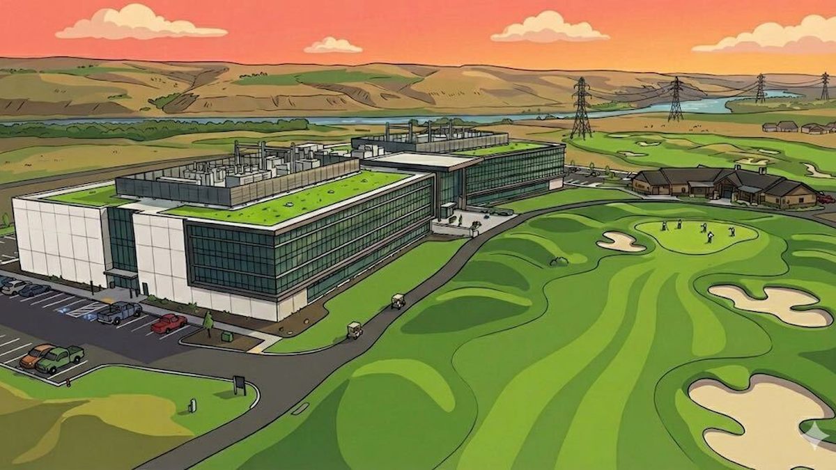 People golfing near a modern data center, set against a backdrop of hills and power lines at sunset.