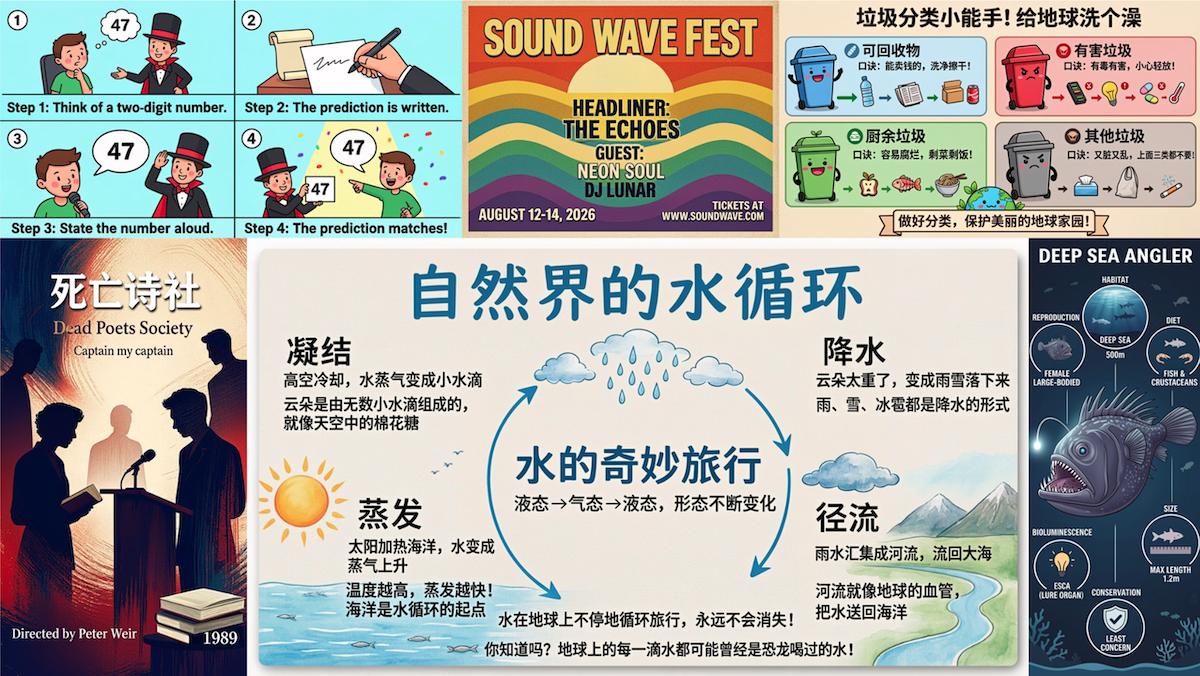 Collage with comic strip, concert poster, diagrams on water cycle and trash sorting, and movie poster.