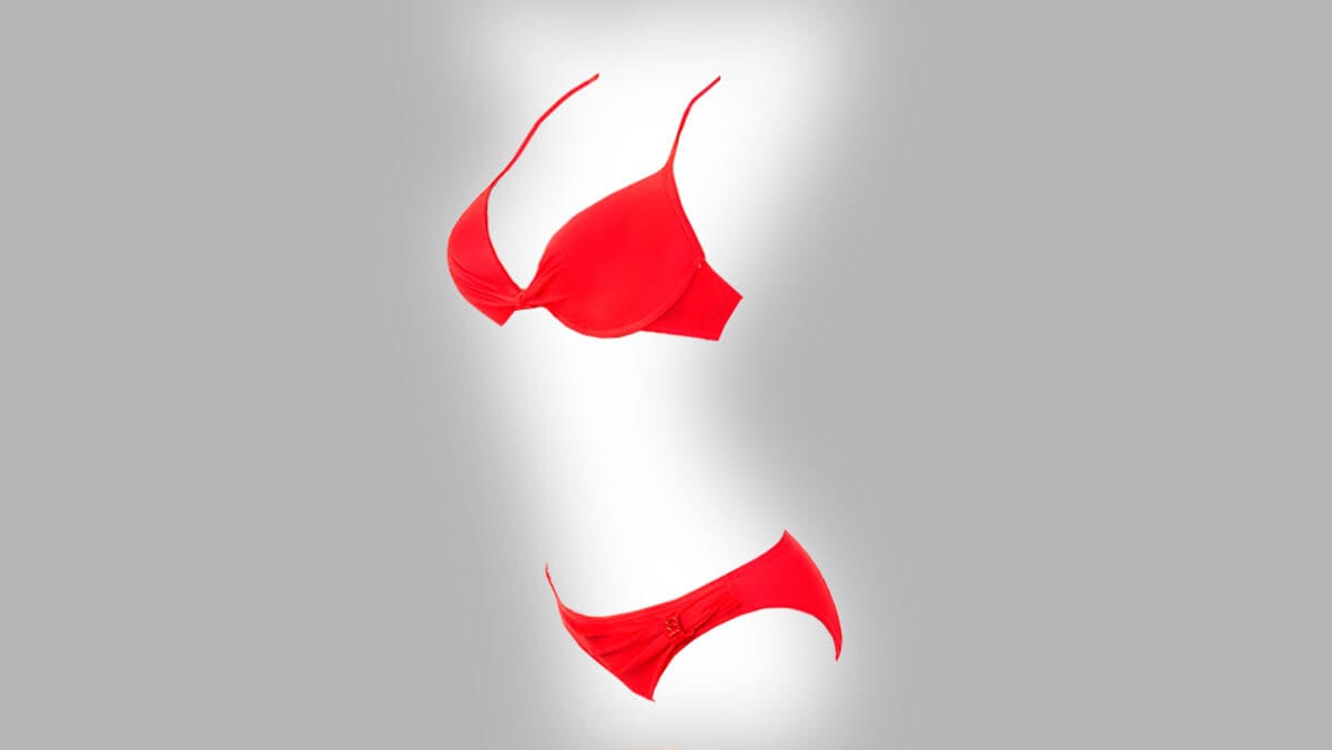 Red bikini set on a grey backdrop, emphasizing issues with AI-generated inappropriate content.