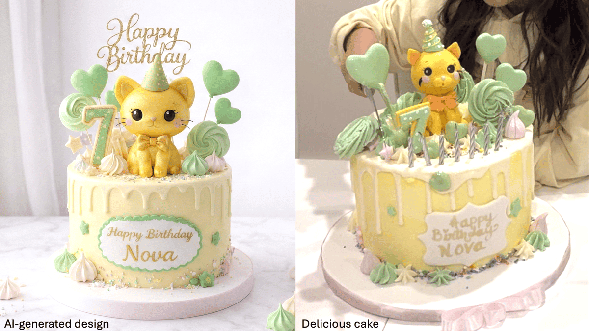 Two images show an AI-generated cake design and its baked version, both featuring a yellow cat theme.