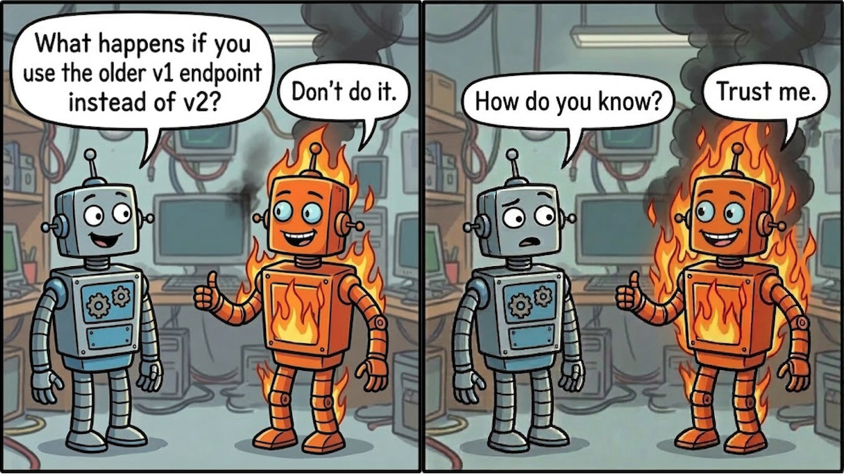 A blue robot asks about an older endpoint; the orange robot on fire advises against it in a tech setting.