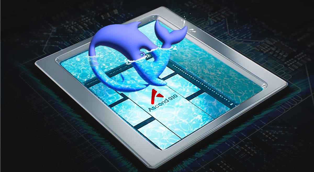 A dolphin symbol hovers over an Ascend 910 chip, symbolizing DeepSeek's shift toward Huawei technology.
