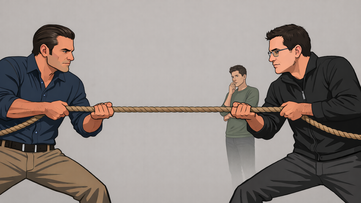 Two men engage in a tense tug-of-war, watched by a thoughtful observer in the background.