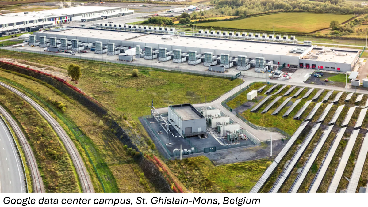Aerial view of a large data center in Belgium, surrounded by fields and solar panels, highlighting AI growth.