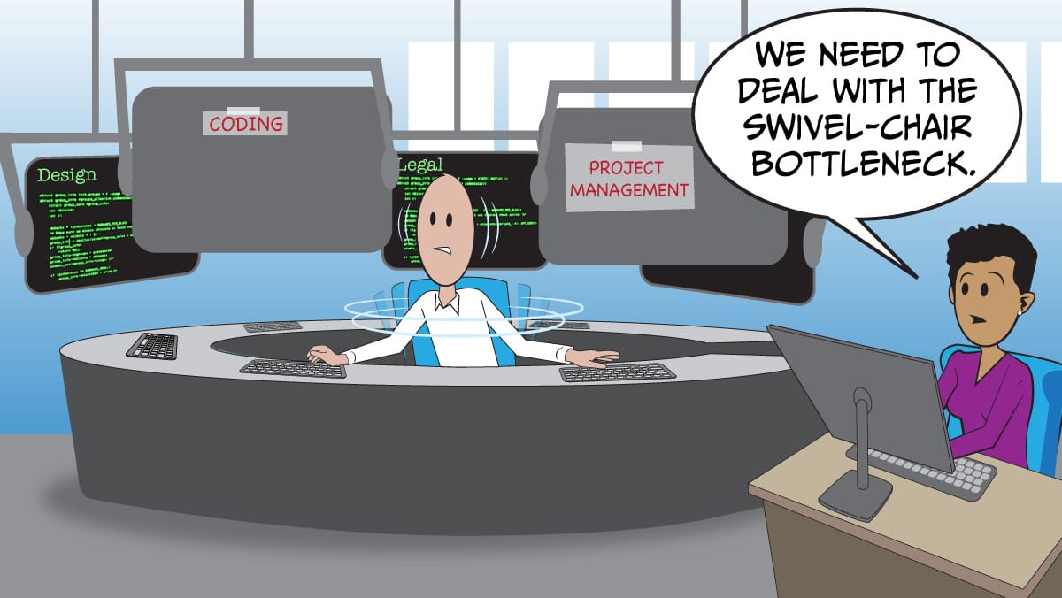 An engineer spins frantically in a chair, discussing the "swivel-chair bottleneck" with a colleague.