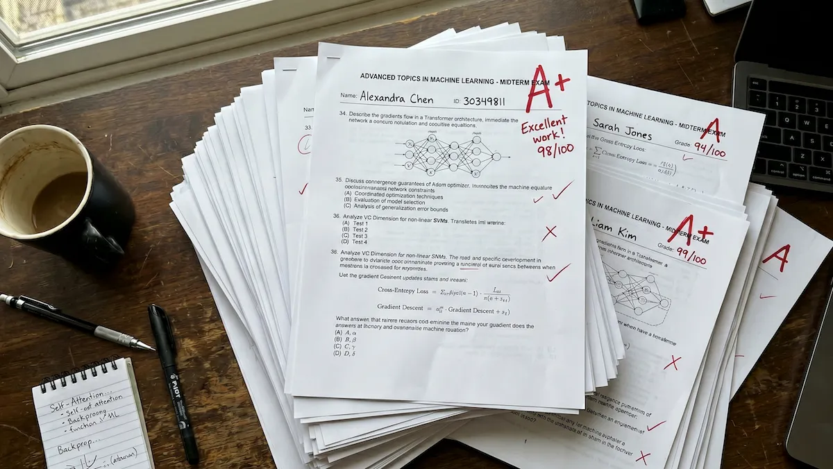 Stack of graded machine learning exams on a desk, highlighting scores and feedback, next to pen and coffee mug.