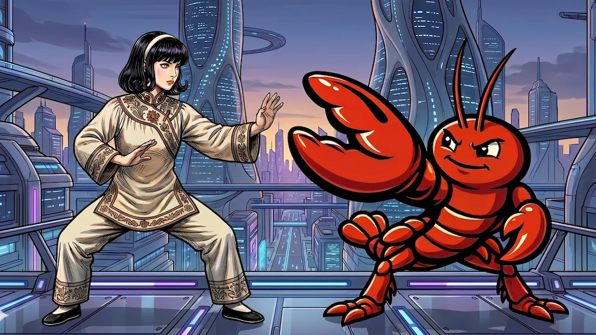 A woman in martial arts attire faces off against a cartoon lobster in a futuristic cityscape.