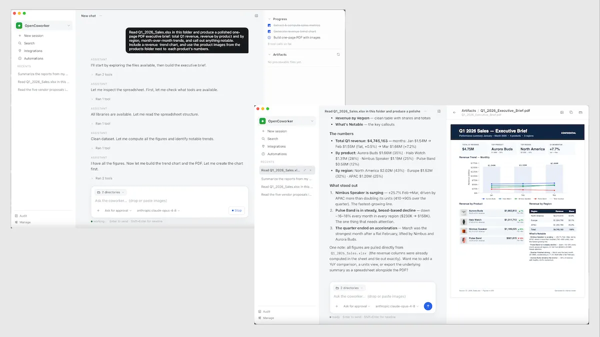 Executing a sales report analysis for Q1 2026, focusing on revenue trends and product performance via desktop tools.