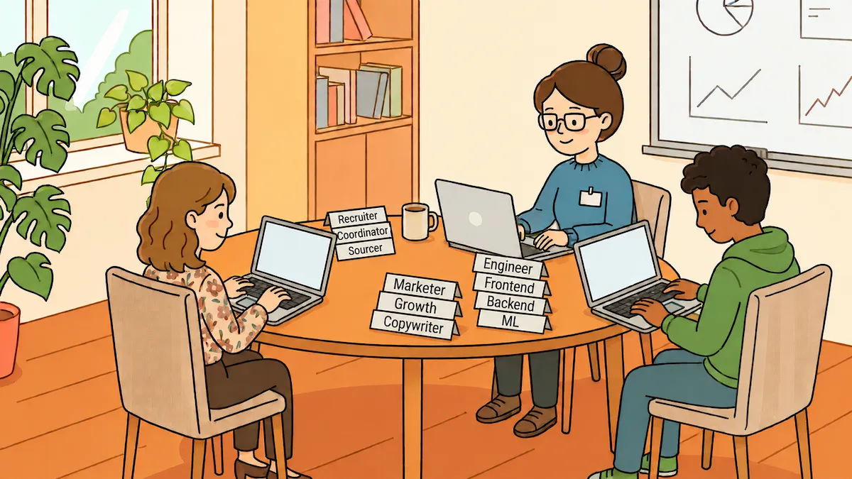 Professionals collaborate on laptops around a table, indicating diverse roles like marketing and engineering team.