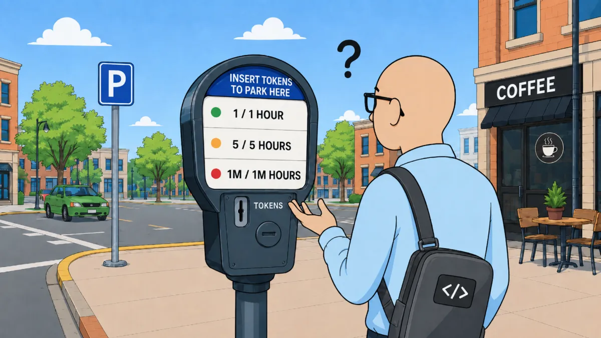 An engineer looks at a parking meter that says, "insert tokens to park here", 1/1 hour, 5/5hours, 1M/1M hours