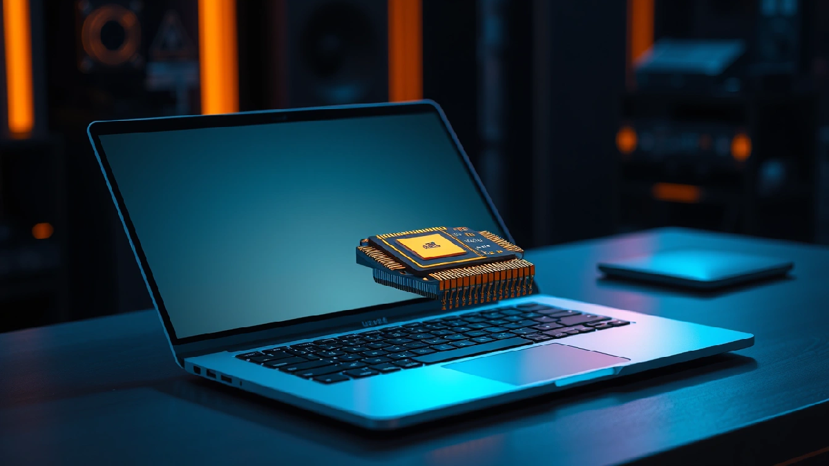 A laptop on a desk, with a prominent microchip overlay, highlighting local AI power capabilities. 