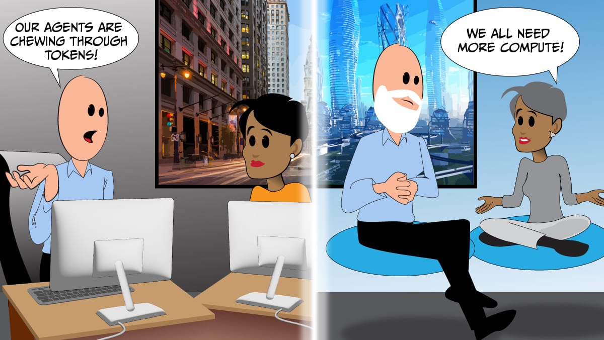Panel one: Two engineers in the present are having a conversation. Panel 2, the same engineers in the future. 