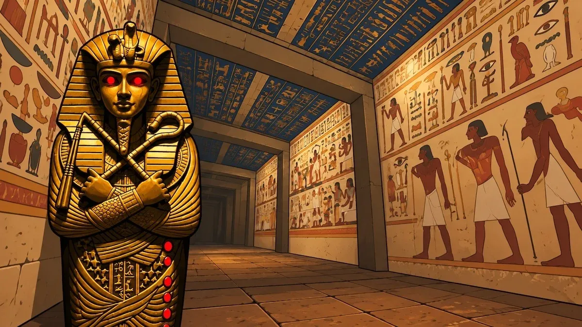 Red-eyed sarcophagus guards a hieroglyph-covered tomb corridor, symbolizing secrets and sealed knowledge.