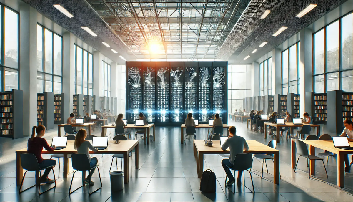 Modern library with students on laptops and glowing server racks in the background.