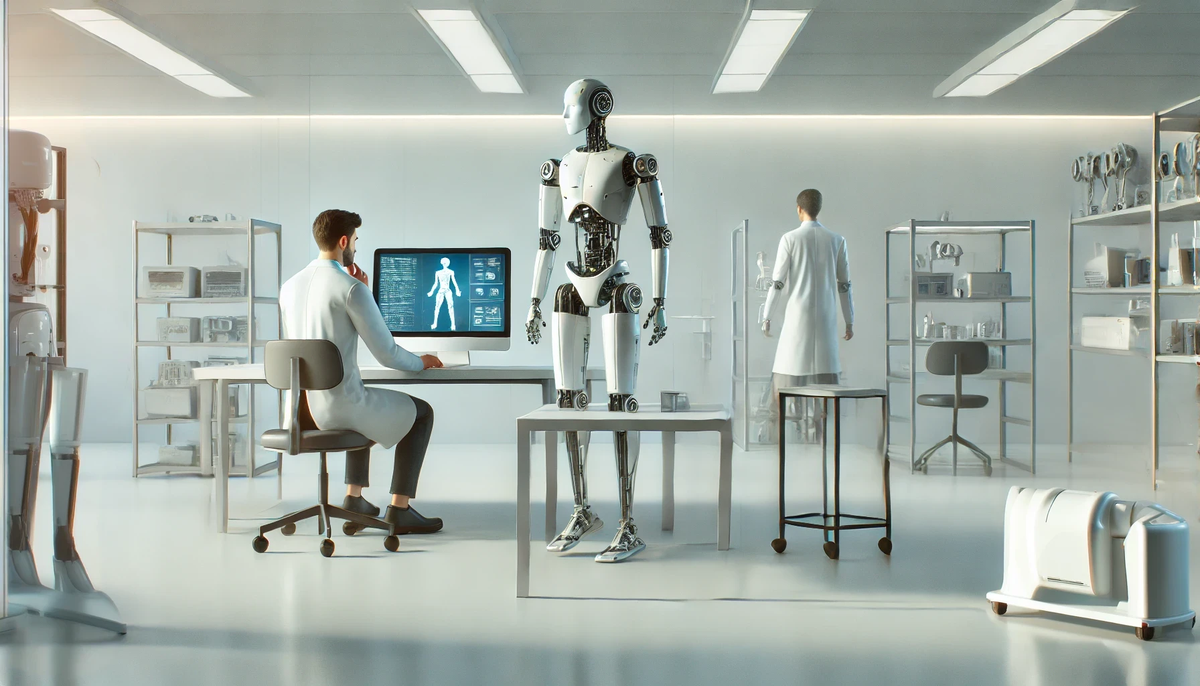 A minimalist high-tech laboratory with two scientists working.