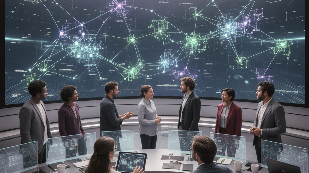 A large screen showing a conceptual map of a sparse neural network, surrounded by a team of computer scientists