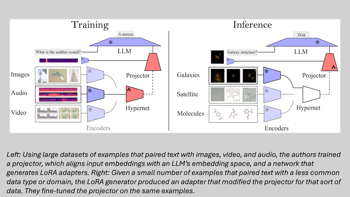 Diagram shows LLM training with encoders for images, audio, video; inference with galaxies, satellites.