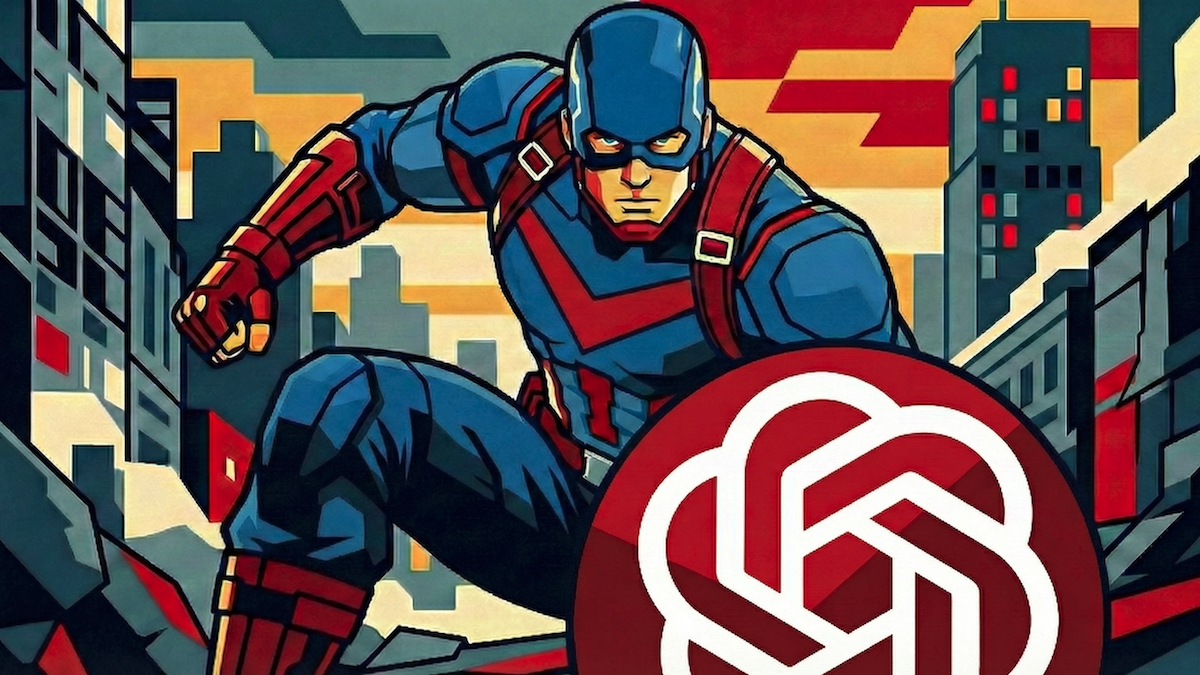 A superhero in blue and red kneels in front of cityscape, holding a shield with the OpenAI logo.