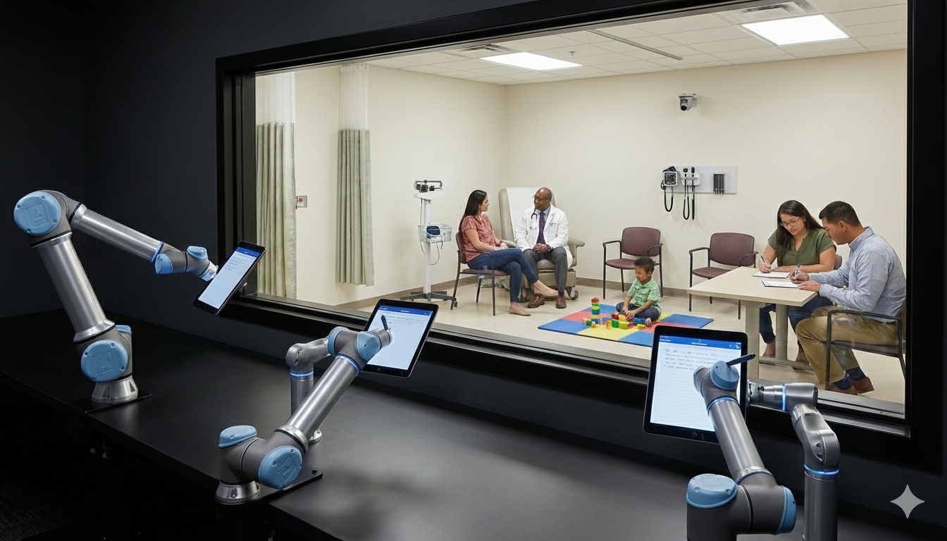 Medical office with robotic arms, doctor consulting patient, family observes.