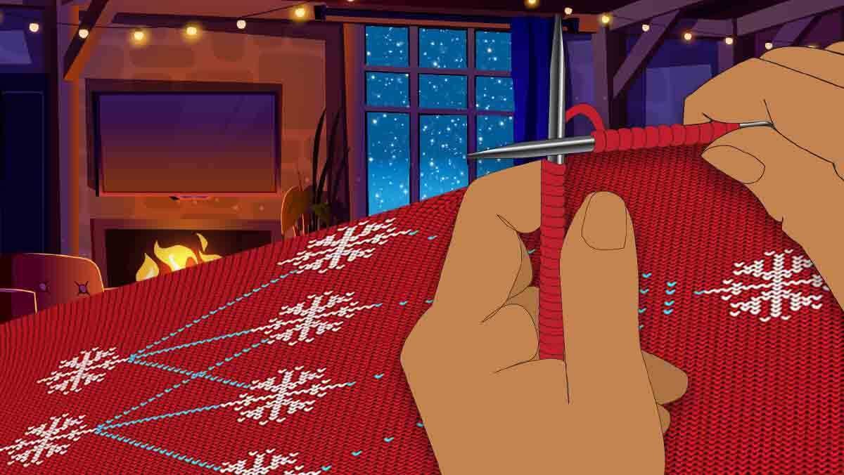 Hands knit a red sweater with white snowflakes, sitting in a warm room with a crackling fire and snowy view.