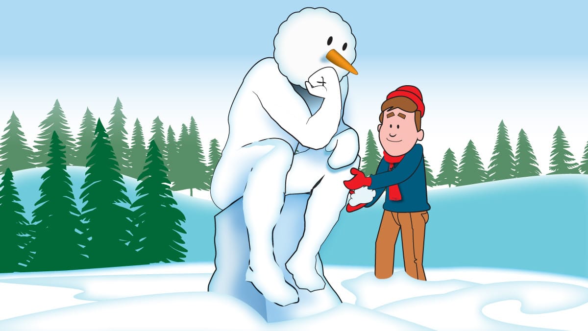 Snowman in Thinker pose on snowy landscape, with a person building it.