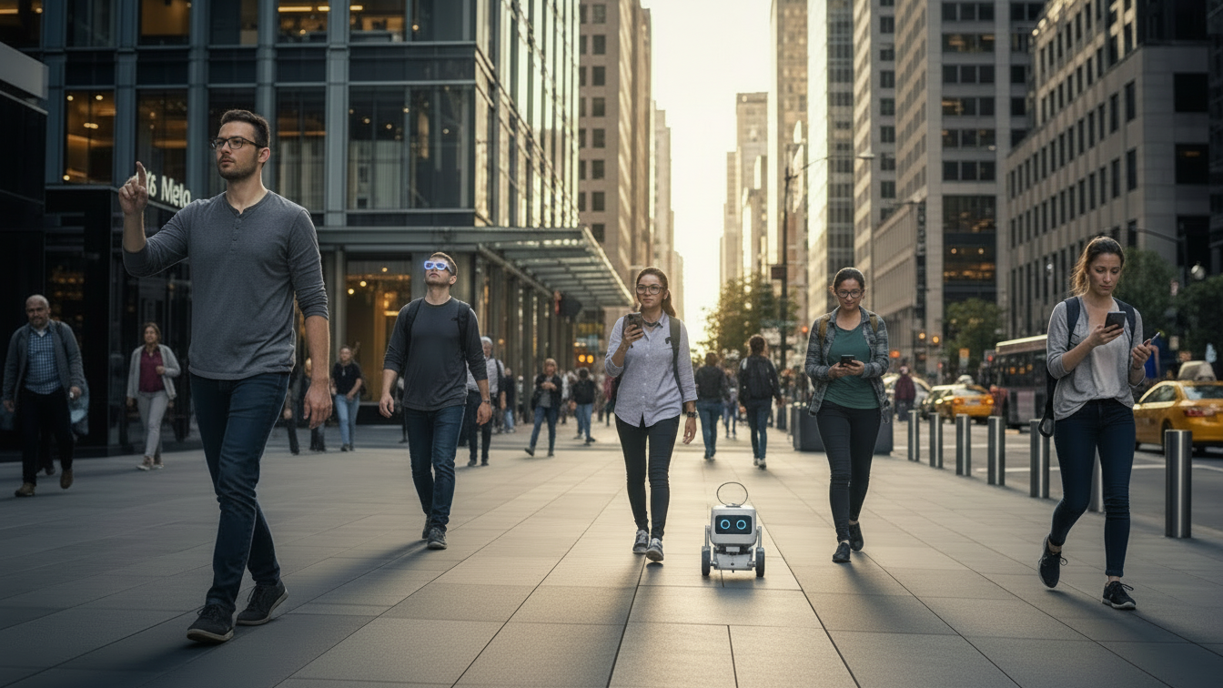 Urban street scene with diverse people walking, using smartphones, and a small robot, showcasing technology in daily life.