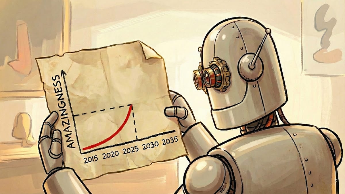 A robot examines a graph showing a rising trend in "amazingness" from 2015 to 2025