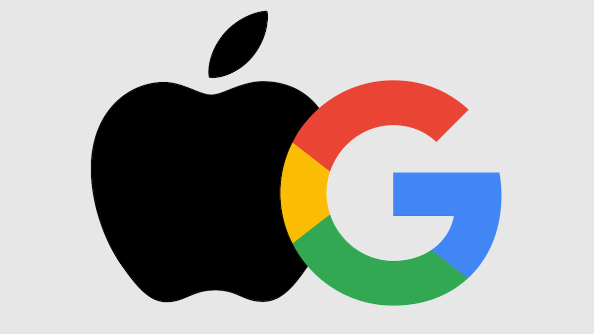 Apple logo side by side with Google's logo, symbolizing their AI partnership.
