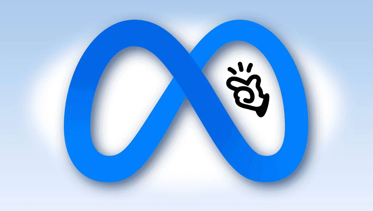 Meta's infinity loop logo adorned with a snapping hand icon on a light gradient background.