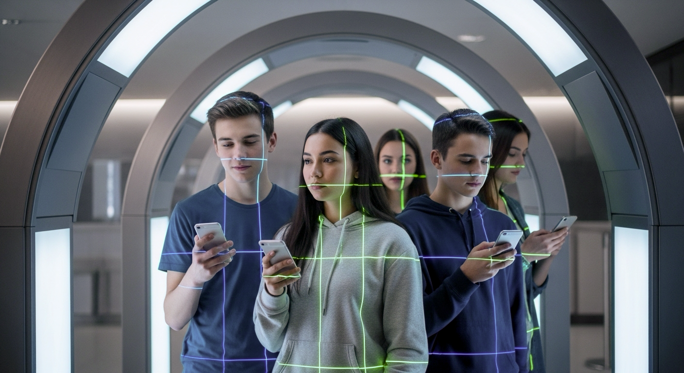Teenagers having faces scanned by biometric security technology while using phones. Green grid lines shown.