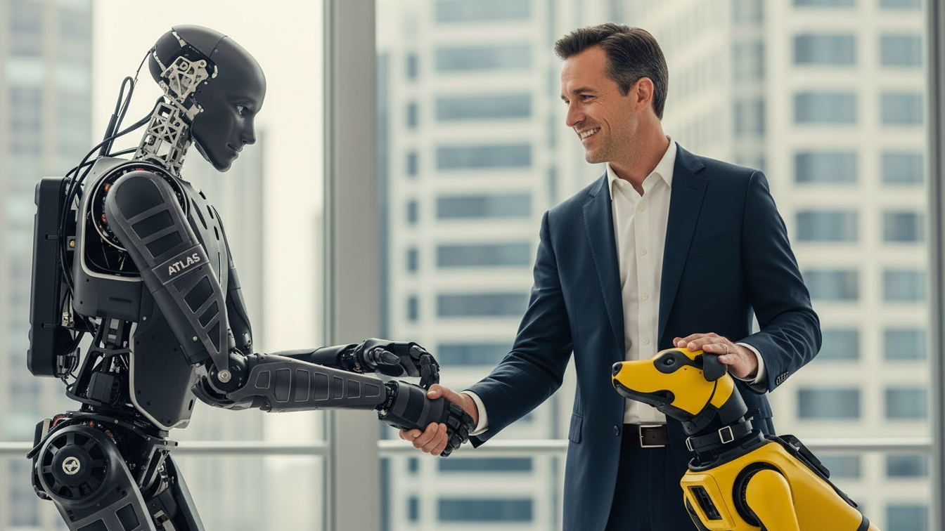 A humanoid robot shakes hands with a businessman beside a robotic dog in an office setting with skyscraper view.