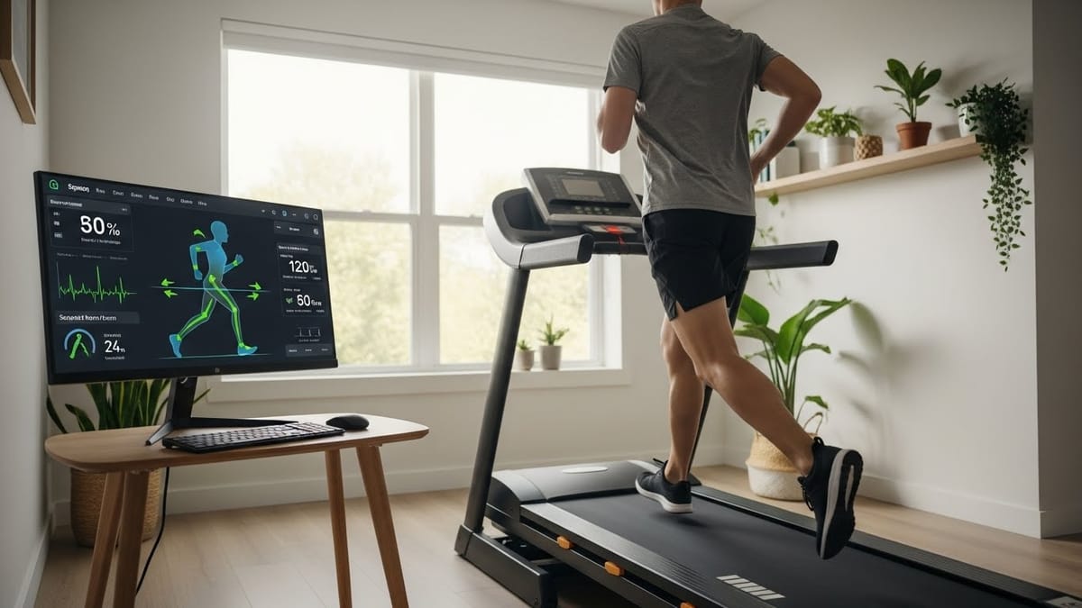 Home workout setup with treadmill and screen displaying real-time fitness metrics, ideal for tracking exercise progress.