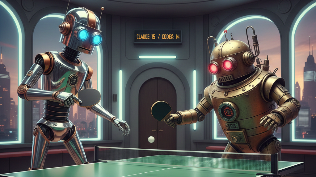 Two retro robots playing ping pong in a futuristic room with scoreboard showing Claude: 15, Codex: 14.