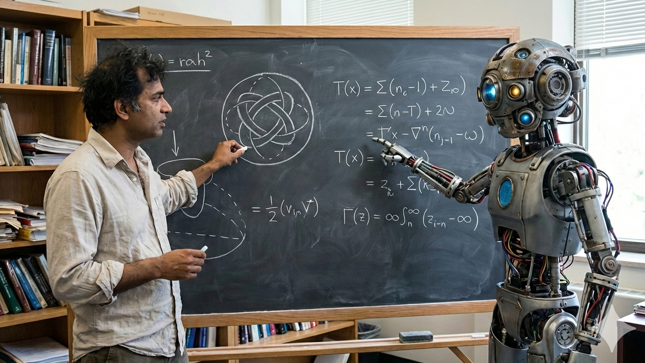 A professor and robot discuss complex equations on chalkboard in a university classroom.
