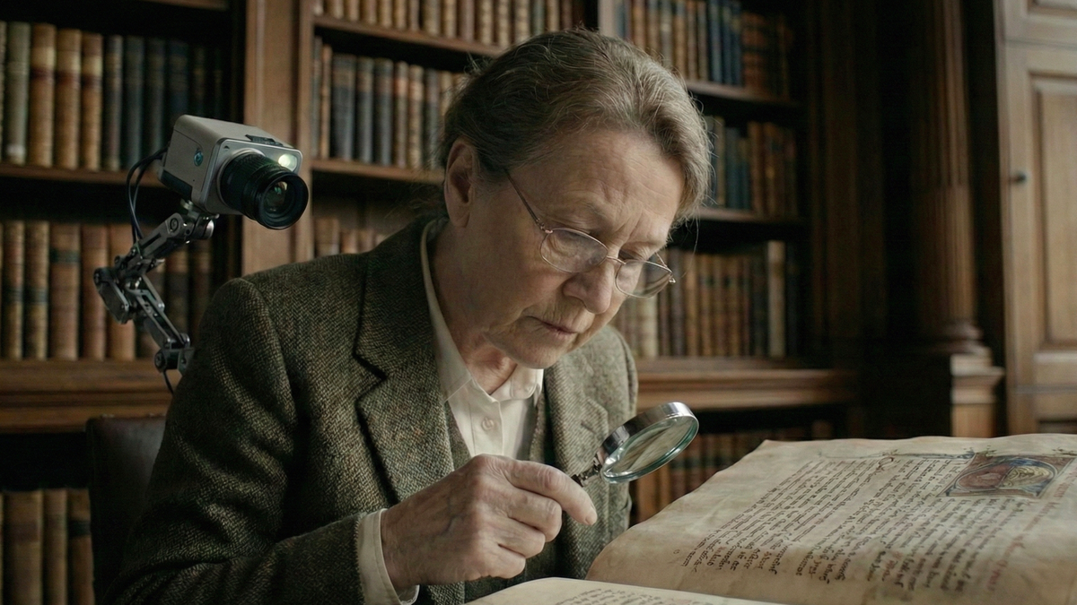 In a library, a woman inspects an ancient manuscript using a magnifier and tech-assisted camera for detailed research.