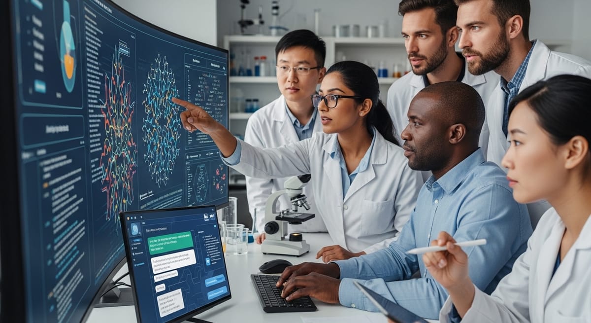 Scientists in a lab analyzing data on multiple monitors featuring molecular diagrams.