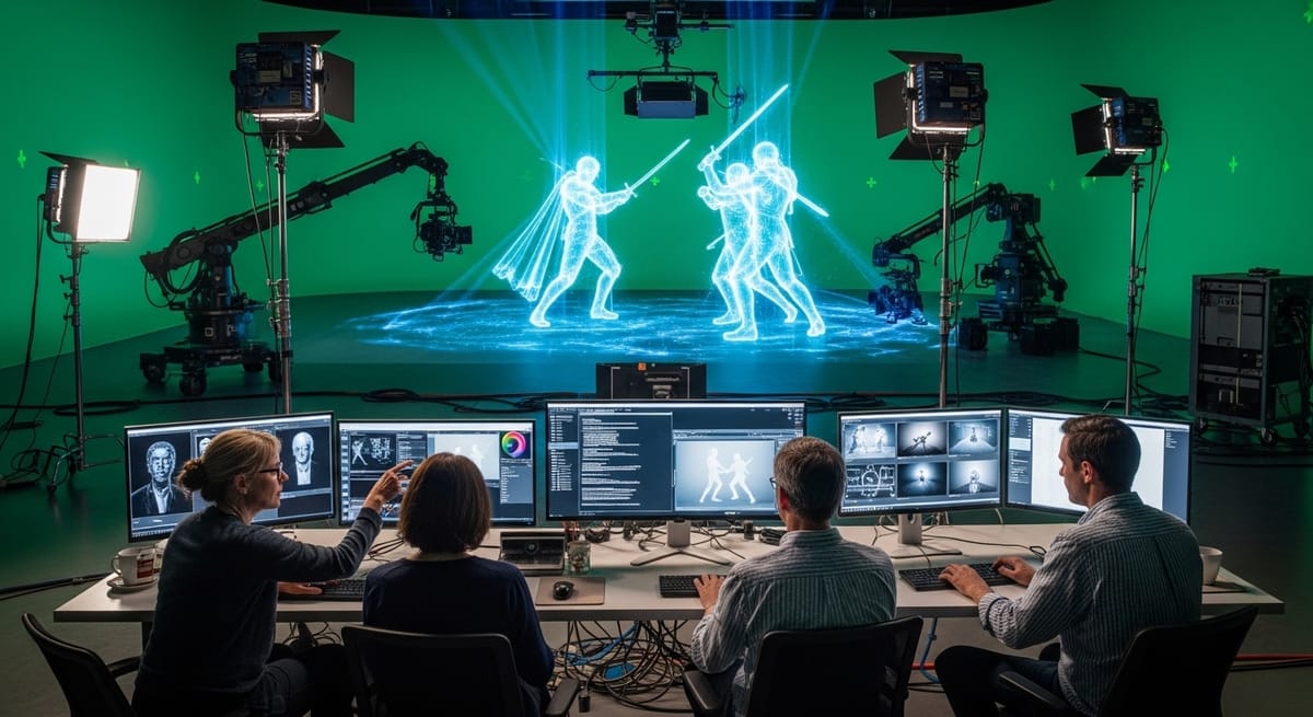 Designers create CGI sword fight on green screen with high-tech monitors and motion capture equipment.