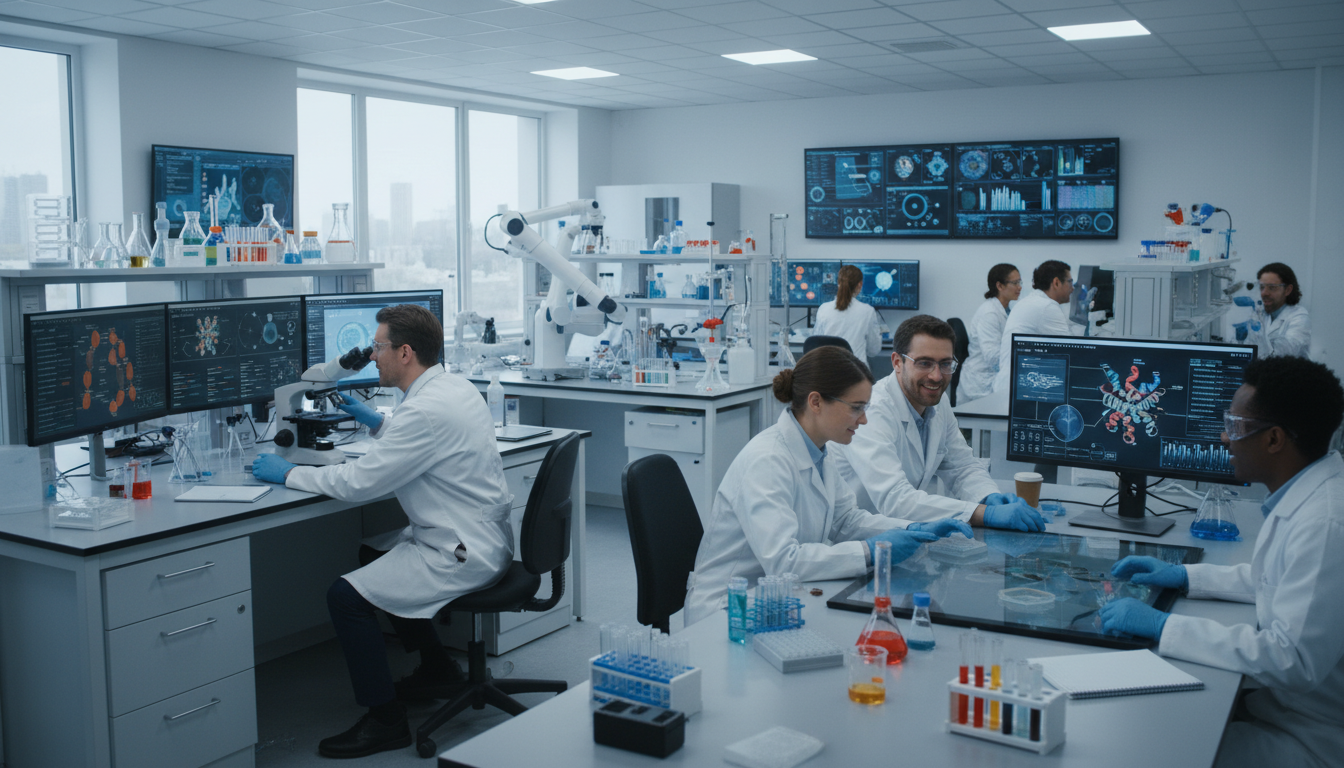 Scientists in a modern lab analyzing data on screens, using microscopes and test tubes for research study.