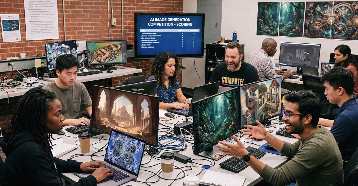 Team collaborates on AI image generation competition with diverse digital art displayed on monitors in office setting.