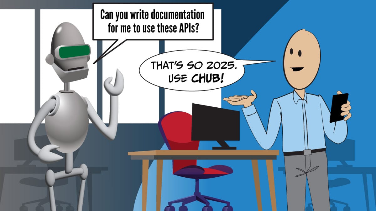 A robot and a person discuss API documentation in an office; the robot seeks help, while the person suggests Chub.