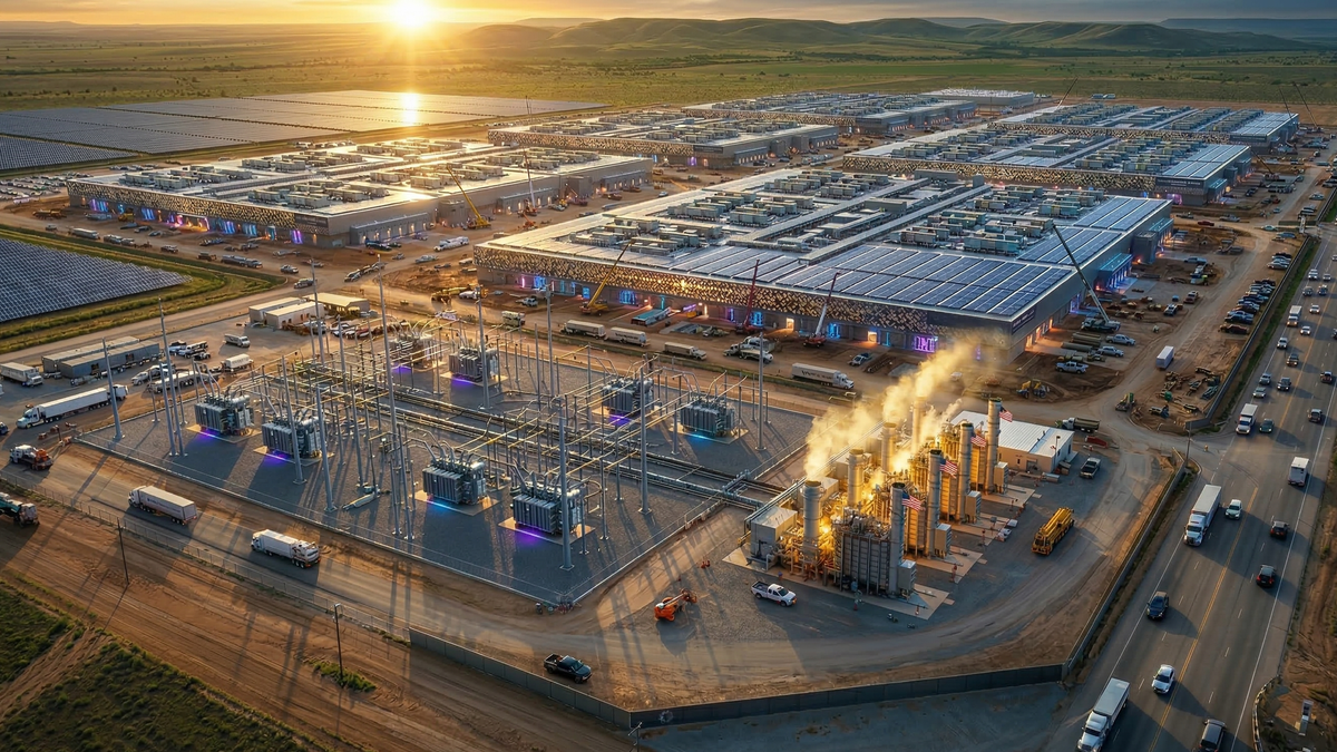 Industrial facility with solar panels actively powering data servers; visible cooling towers emit steam in the sunset.