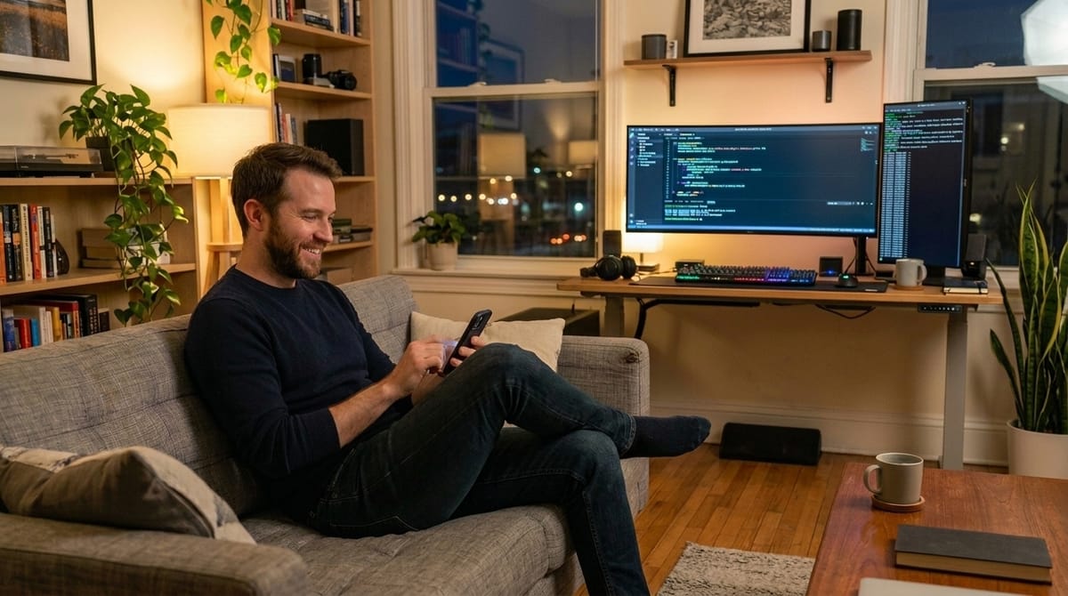 Cozy home office with man on couch using smartphone, dual monitors displaying code.