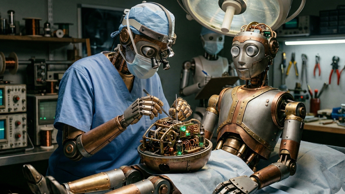 Robotic doctor performing surgery on another robot.