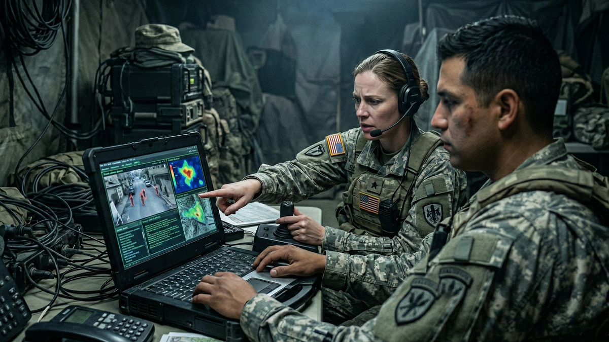 Military personnel analyze thermal images and surveillance data on a laptop in a tactical command center.