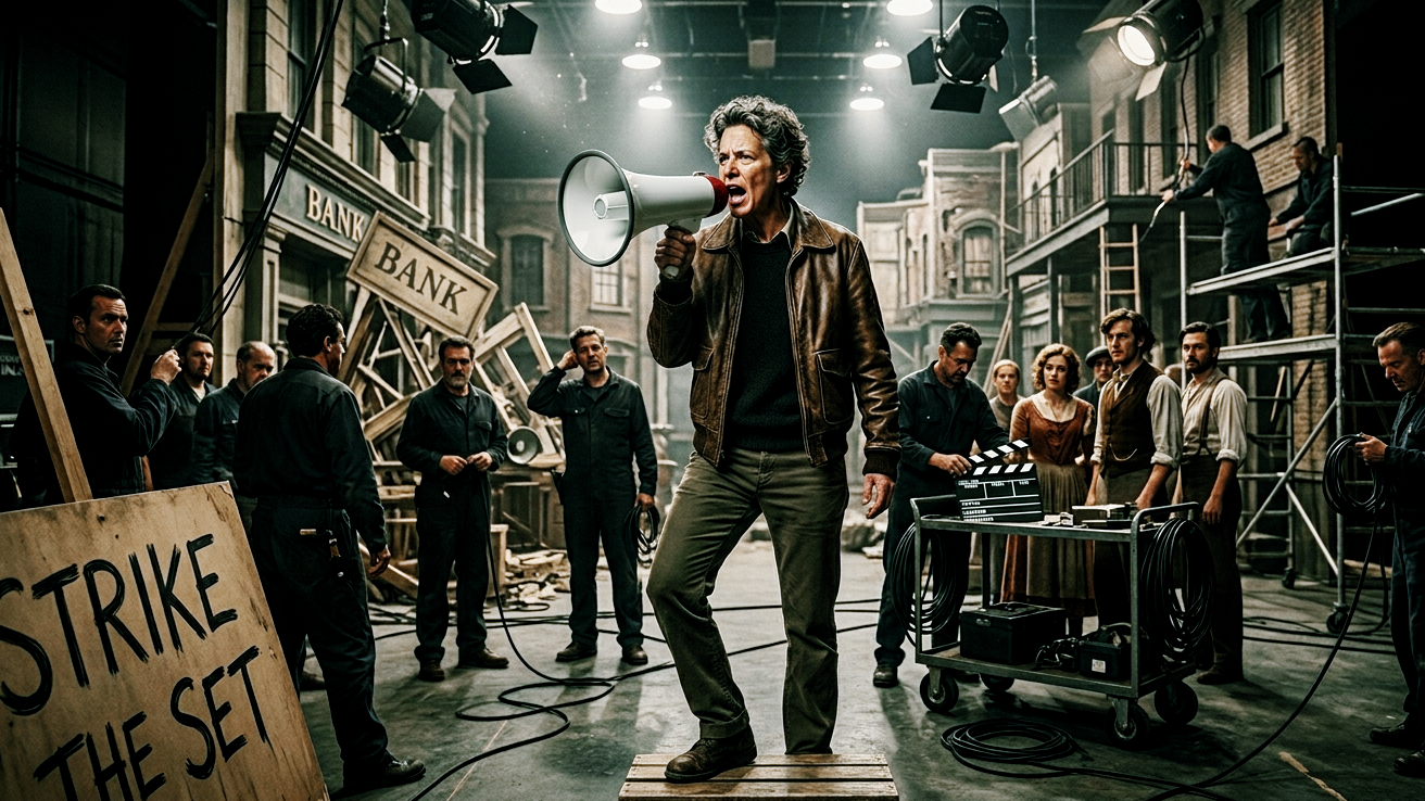 Film director with megaphone on busy movie set surrounded by crew, bank facade, lighting, and equipment.