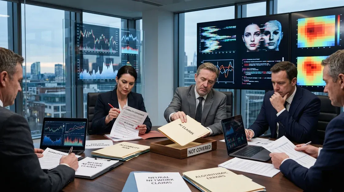 Business meeting discussing AI liability claims with executives, documents, graphs on screens, and laptops.