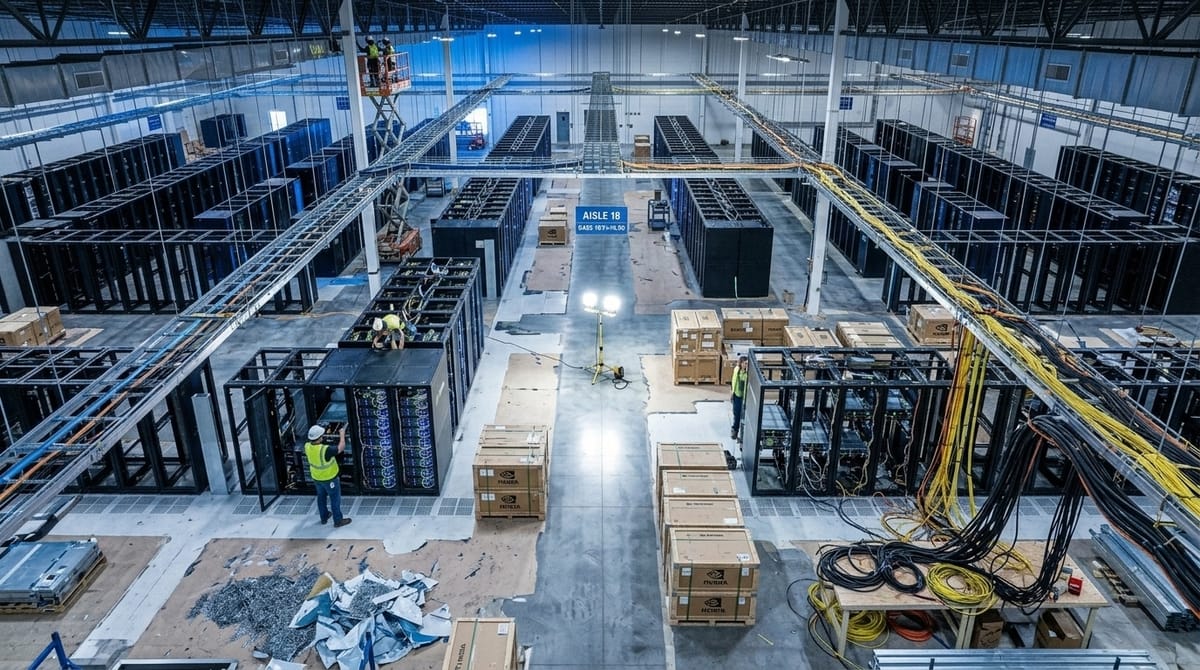 A large data center under construction, featuring server racks, hanging cables, and workmen maintaining equipment.
