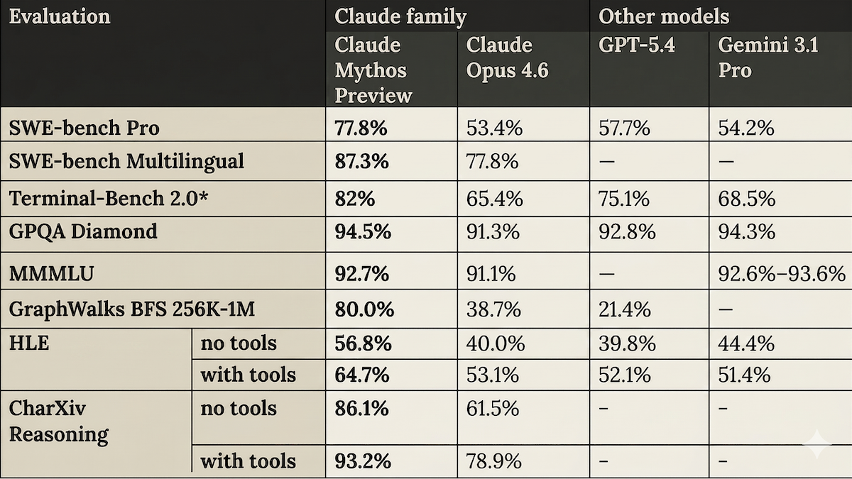 Table compares AI models' performance across benchmarks, showing Claude Mythos Preview leading.