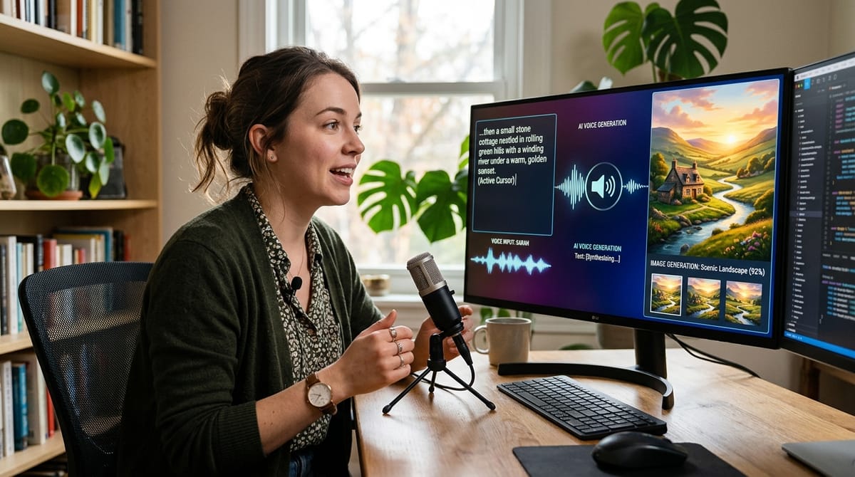Woman using AI software on dual monitors, generating voice and landscape imagery in tech-filled home office.