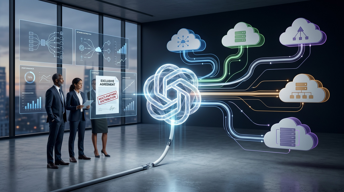 Executives review multi-partner contract on cloud data integration, discussing network strategies and distribution.
